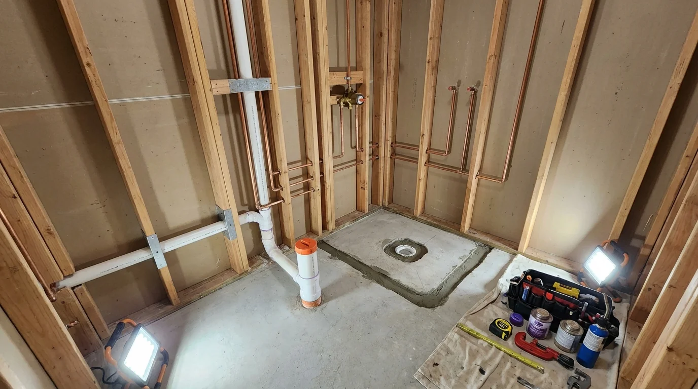 Bathroom rough-in plumbing during remodel by Johns Plumbing LLC in Bean Station