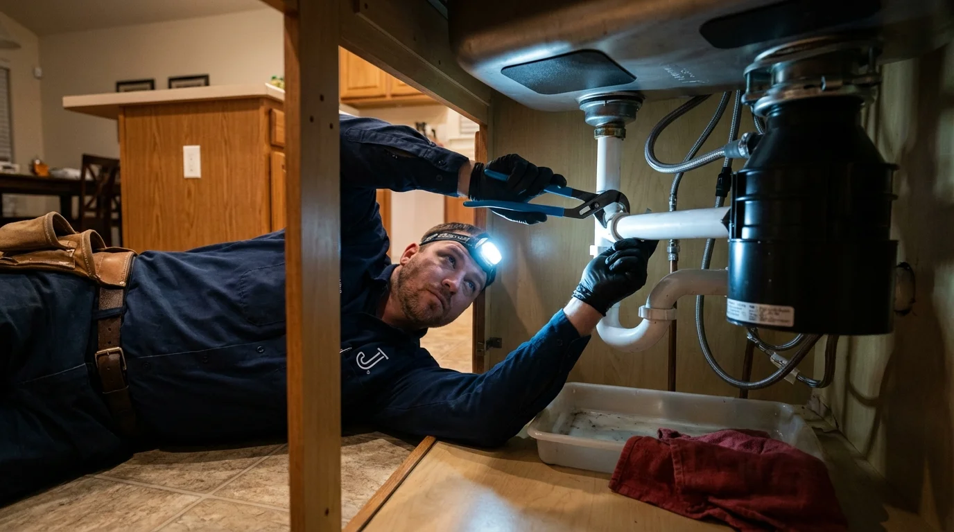 P-trap and supply line connections under a kitchen sink showing a common leak point in Bean Station, TN